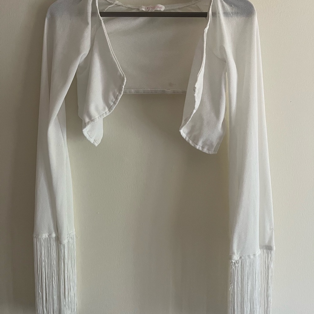 White Fringe Open Mesh Cardigan